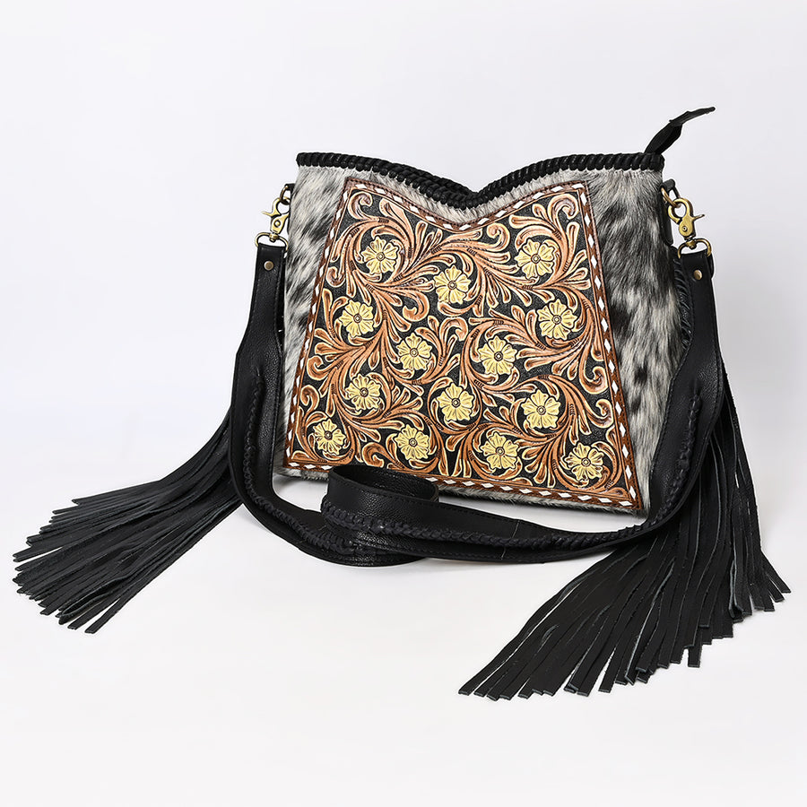 American Darling Hand Tooled Leather and Hair-On Cowhide Hobo Bag Fringe - Uhorse