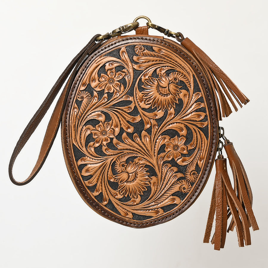 American Darling Western Leather Wristlet Bag - Eco-Friendly Vegetable Tanned Full Grain Leather Hand Tooled Floral Carved Tassel Purse