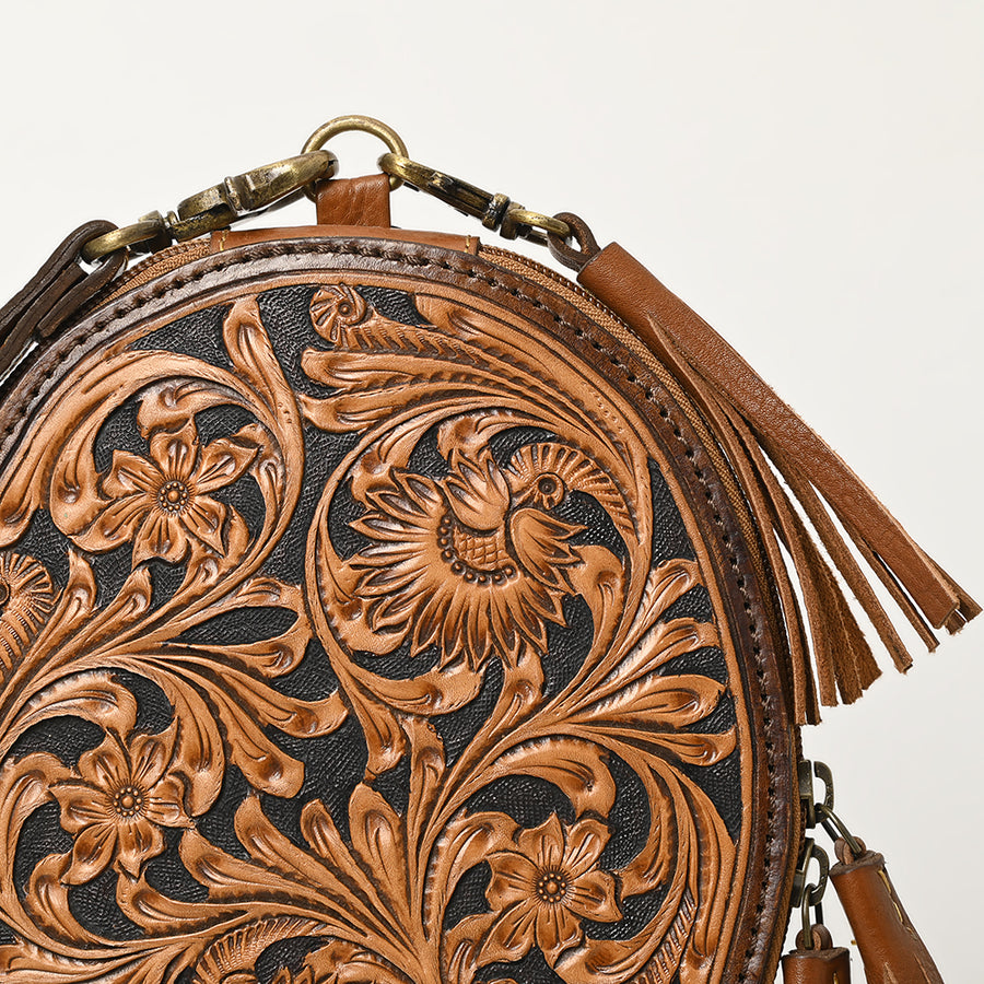 American Darling Western Leather Wristlet Bag - Eco-Friendly Vegetable Tanned Full Grain Leather Hand Tooled Floral Carved Tassel Purse