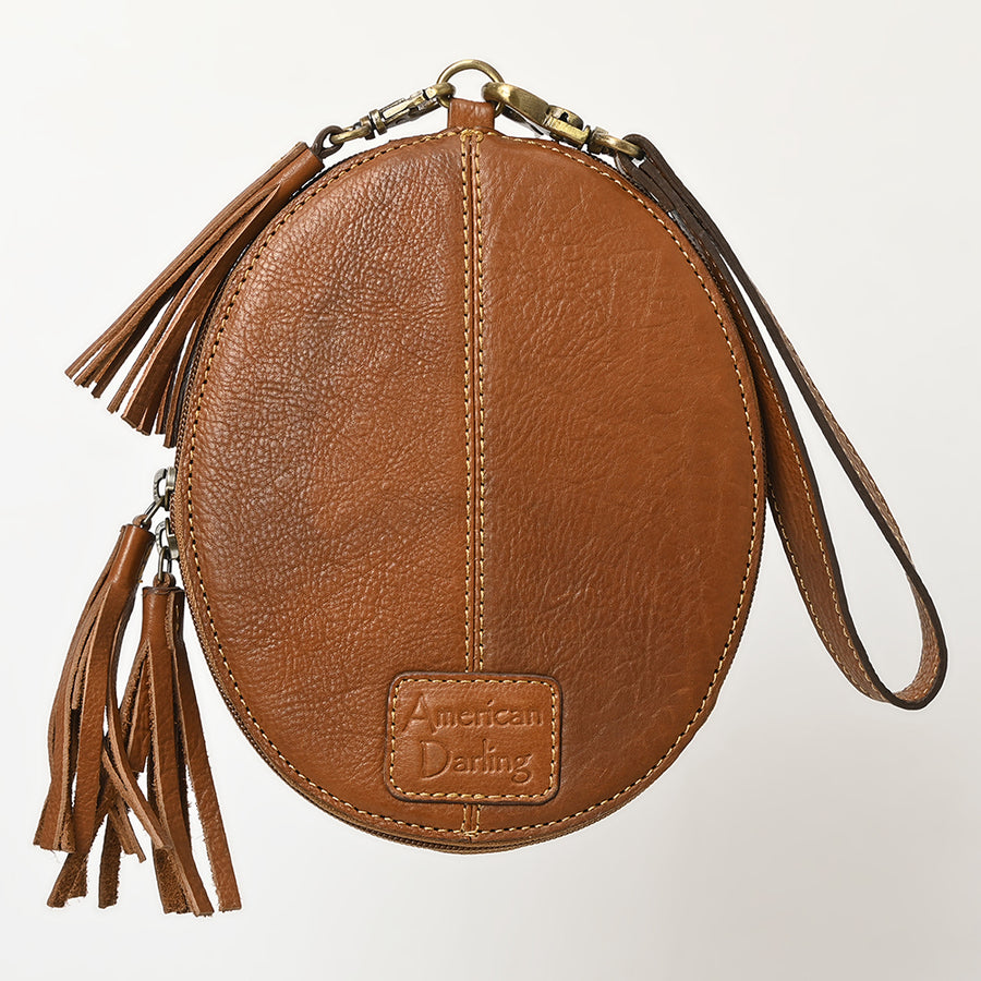 American Darling Western Leather Wristlet Bag - Eco-Friendly Vegetable Tanned Full Grain Leather Hand Tooled Floral Carved Tassel Purse