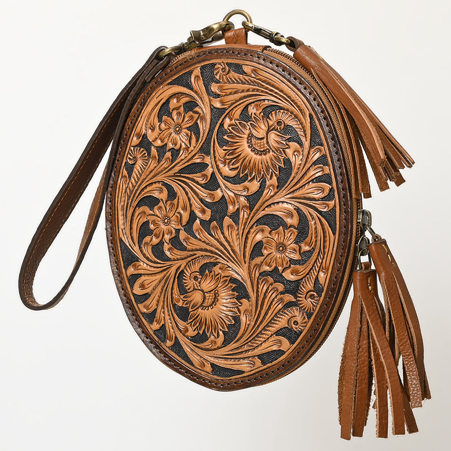 American Darling Western Leather Hand Tooled Floral Carved Wristlet Bag - Uhorse