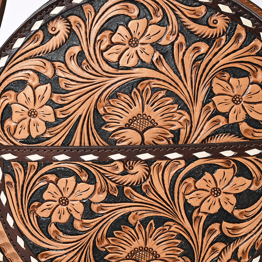 American Darling Western Leather Canteen Bag - Eco-Friendly Vegetable Tanned Full Grain Leather Hand Tooled Floral Carved Tassel Purse