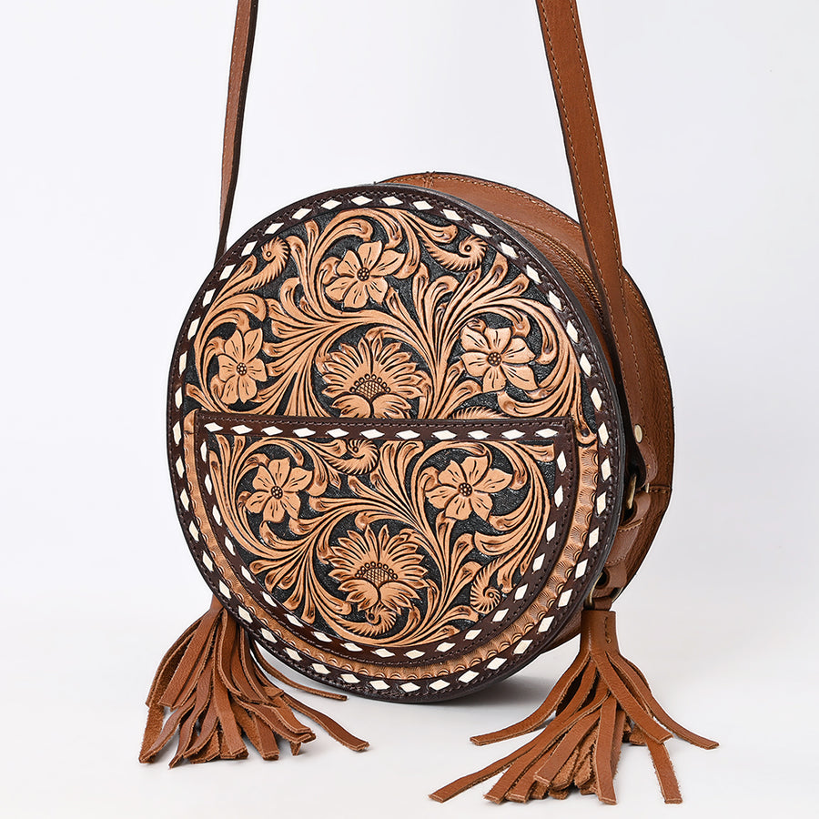 American Darling Western Leather Canteen Bag Hand Tooled Floral Carved Purse - Uhorse