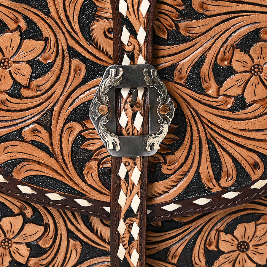 American Darling Western Leather Messenger Bag - Eco-Friendly Vegetable Tanned Full Grain Leather Hand Tooled Floral Carved Purse