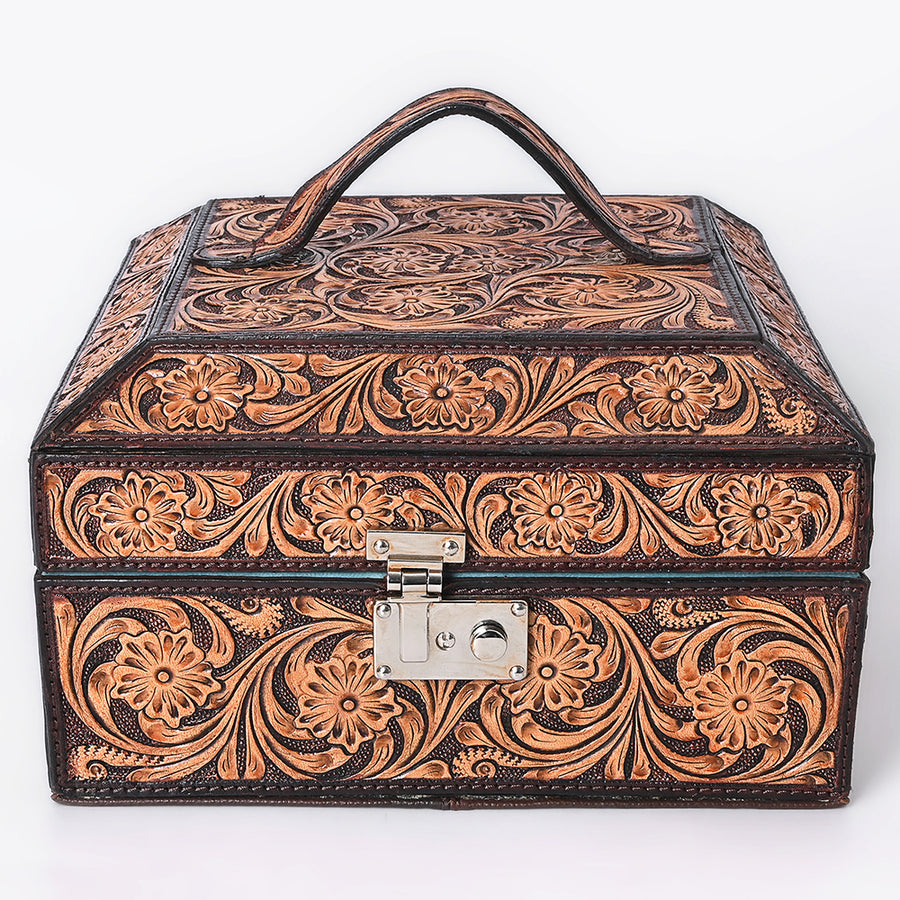 American Darling Western Leather Jewelry Case - Eco-Friendly Vegetable Tanned Full Grain Leather Hand Tooled Floral Box