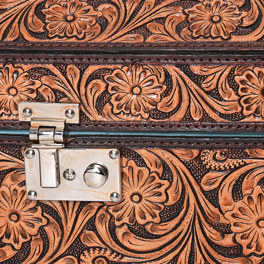 American Darling Western Leather Jewelry Case - Eco-Friendly Vegetable Tanned Full Grain Leather Hand Tooled Floral Box