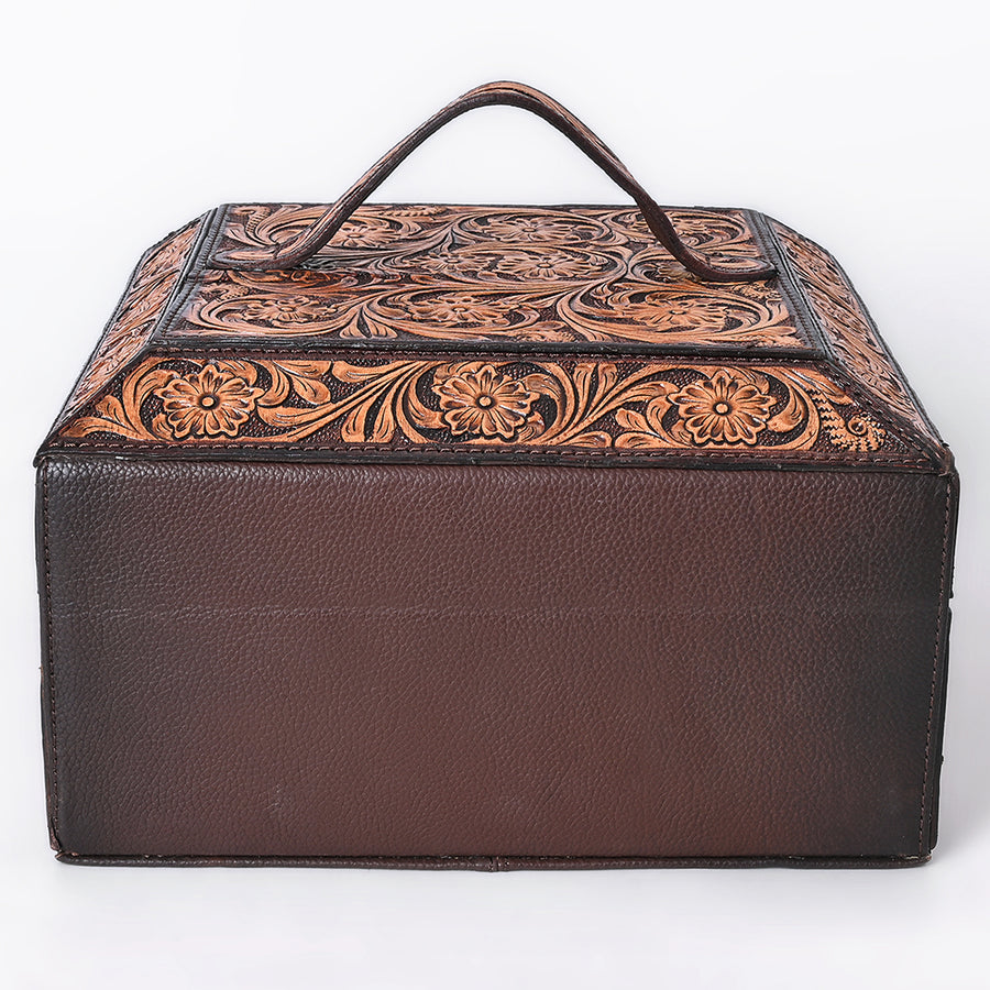 American Darling Western Leather Jewelry Case - Eco-Friendly Vegetable Tanned Full Grain Leather Hand Tooled Floral Box