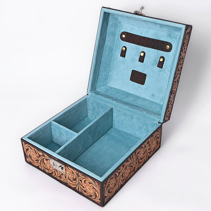 American Darling Western Leather Jewelry Case - Eco-Friendly Vegetable Tanned Full Grain Leather Hand Tooled Floral Box