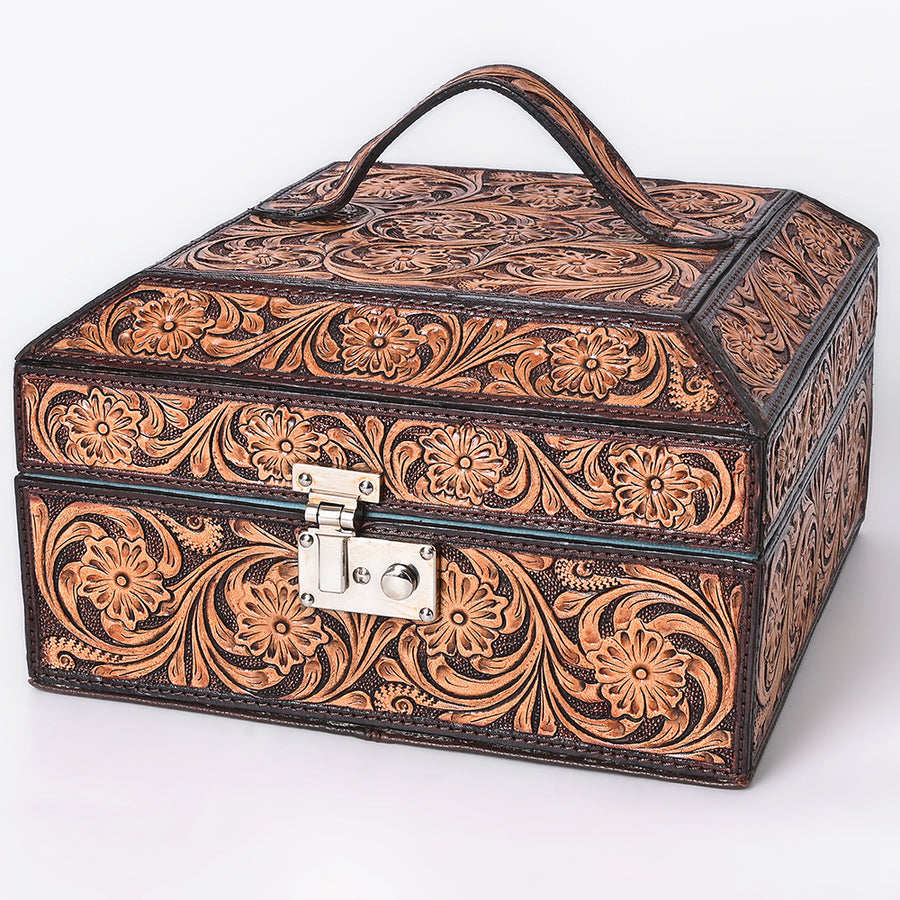 American Darling Western Leather Hand Tooled Floral Carved Jewelry Case - Uhorse