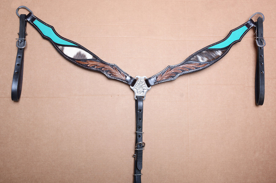 COMFYTACK Western Horse Hand Tooled & Hair-on Headstall Breast Collar Tack Genuine Leather