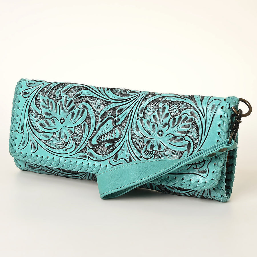American Darling Hand-Tooled Leather Western Wallet Handbag - Genuine Leather Floral Carved Wallet - Hilason