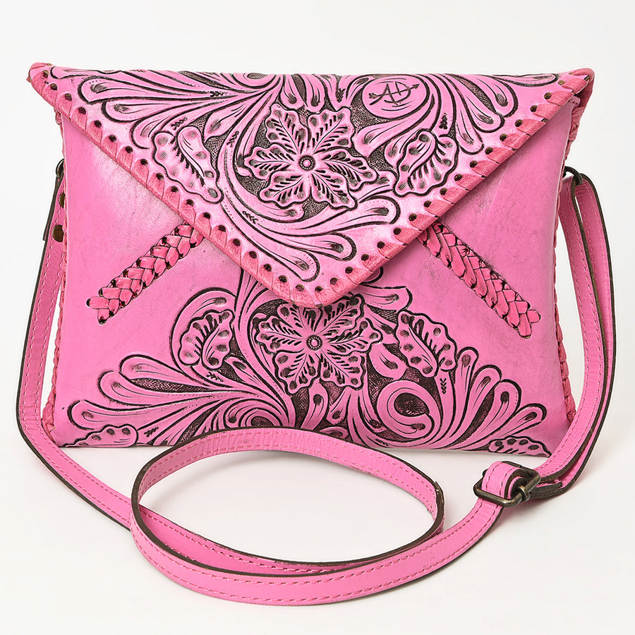 American Darling Hand-Tooled Genuine Leather Envelope Bag – Floral Carved Western Crossbody with Strap for Everyday Carry