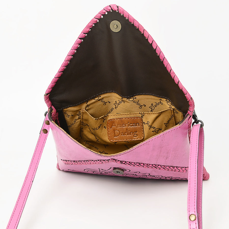 American Darling Hand-Tooled Genuine Leather Envelope Bag – Floral Carved Western Crossbody with Strap for Everyday Carry