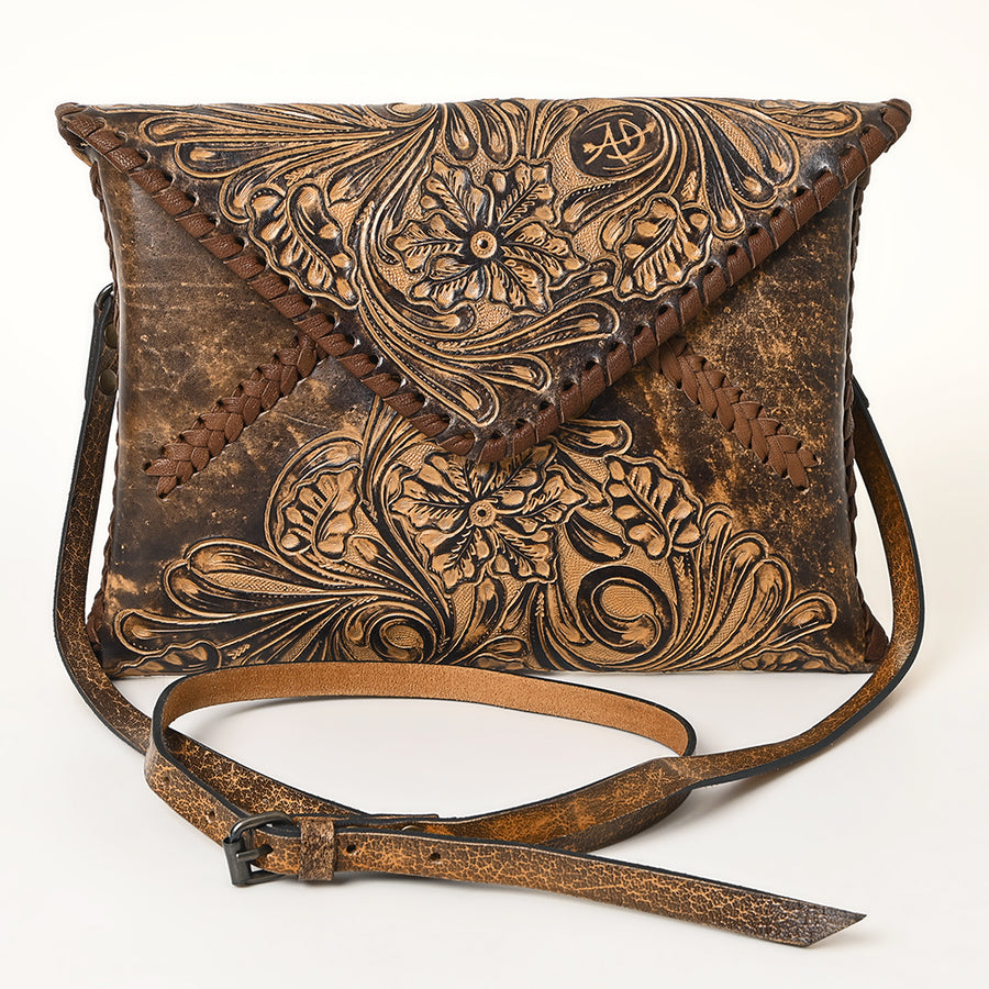 American Darling Hand-Tooled Genuine Leather Envelope Bag – Floral Carved Western Crossbody with Strap for Everyday Carry