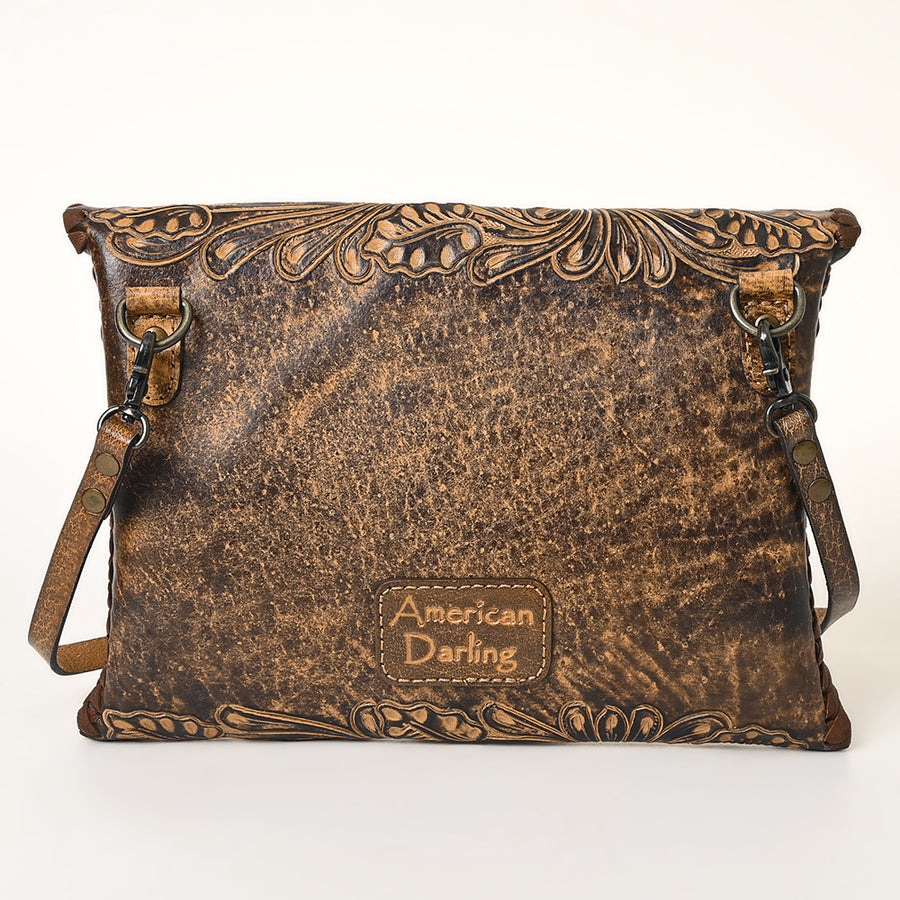 American Darling Hand-Tooled Genuine Leather Envelope Bag – Floral Carved Western Crossbody with Strap for Everyday Carry