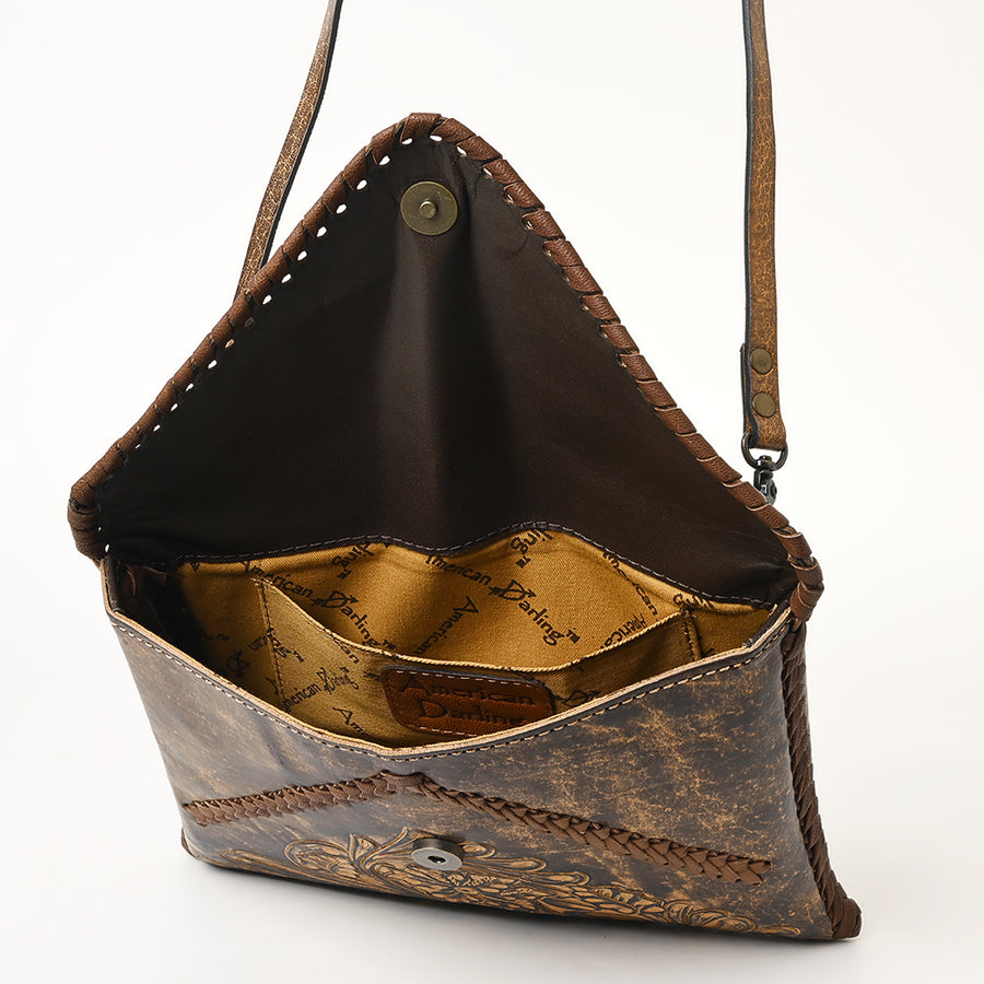 American Darling Hand-Tooled Genuine Leather Envelope Bag – Floral Carved Western Crossbody with Strap for Everyday Carry