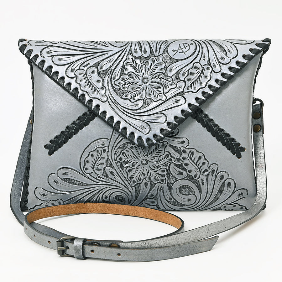 American Darling Hand-Tooled Genuine Leather Envelope Bag – Floral Carved Western Crossbody with Strap for Everyday Carry