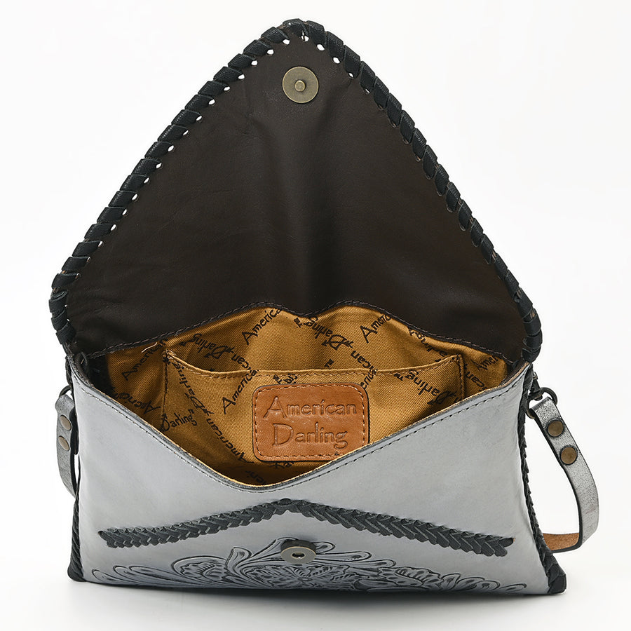 American Darling Hand-Tooled Genuine Leather Envelope Bag – Floral Carved Western Crossbody with Strap for Everyday Carry