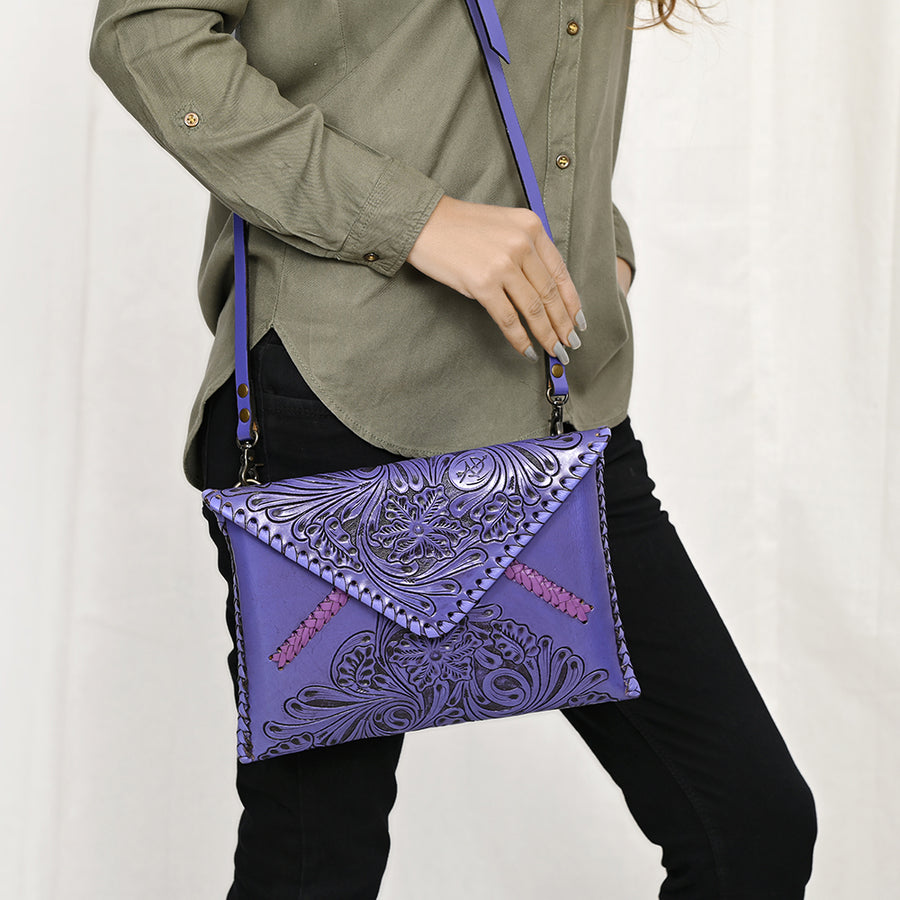 American Darling Hand-Tooled Genuine Leather Envelope Bag – Floral Carved Western Crossbody with Strap for Everyday Carry