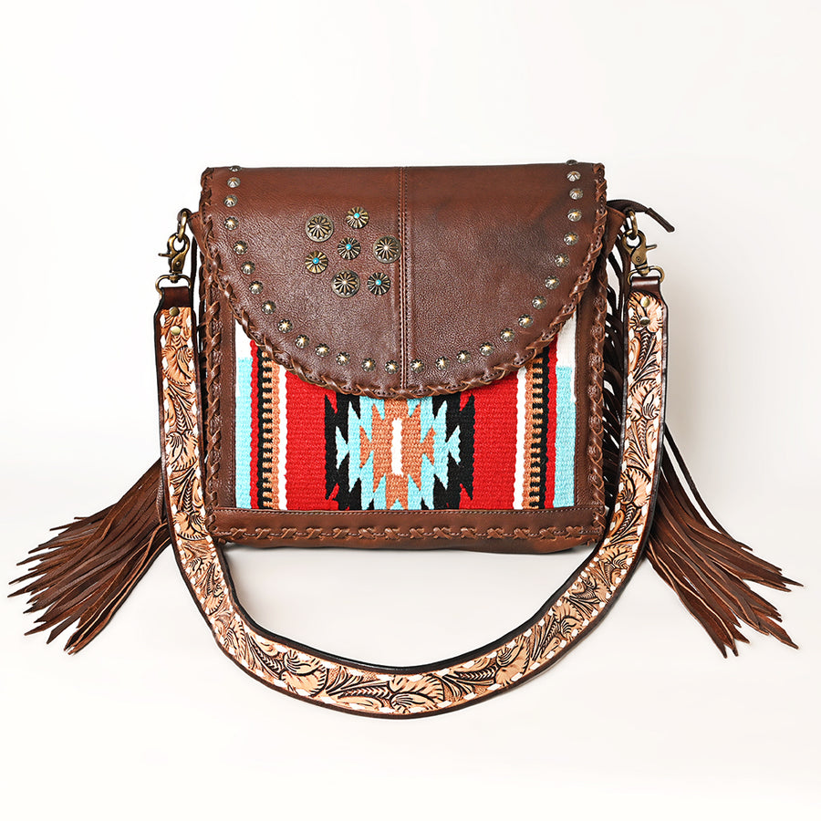 American Darling Western Leather Cross body Bag - Full Grain Leather Hand Woven Saddle Blanket Hand Tooled Floral Purse