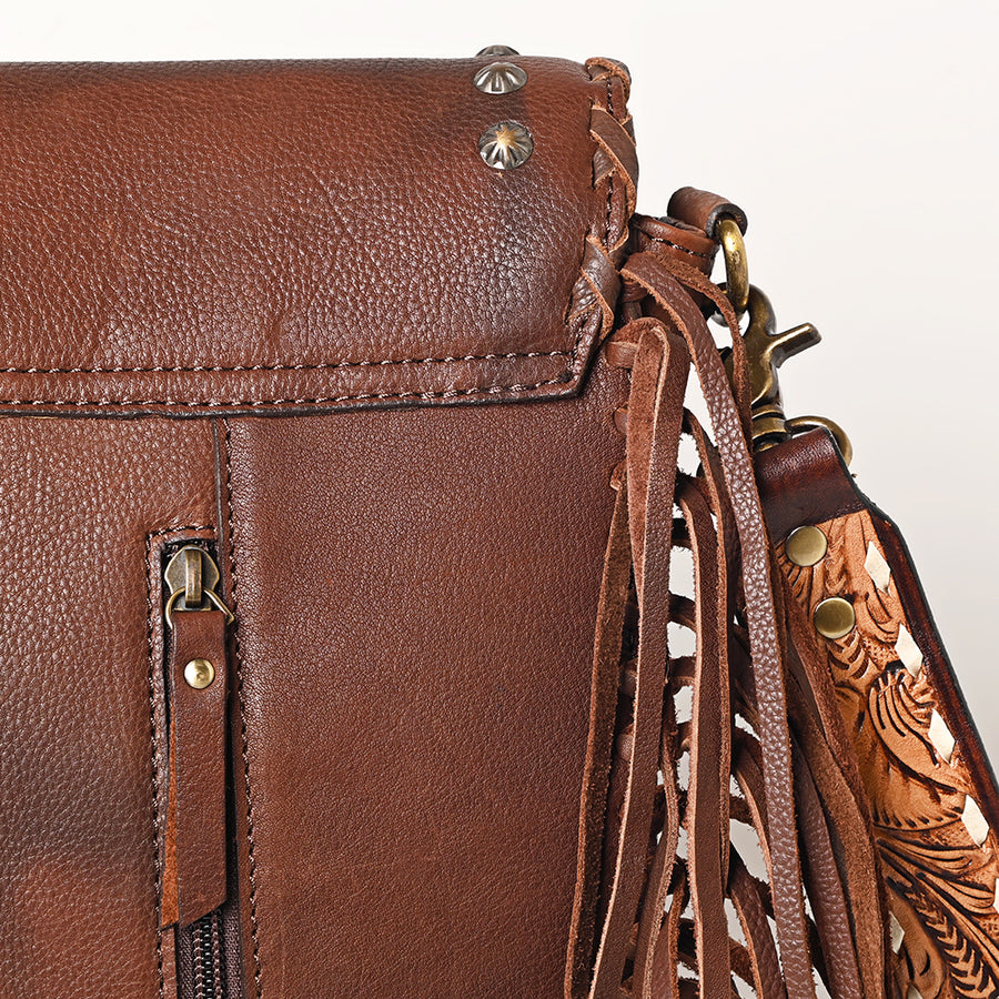 American Darling Western Leather Cross body Bag - Full Grain Leather Hand Woven Saddle Blanket Hand Tooled Floral Purse