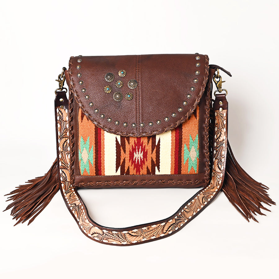 American Darling Western Leather Cross body Bag - Full Grain Leather Hand Woven Saddle Blanket Hand Tooled Floral Purse