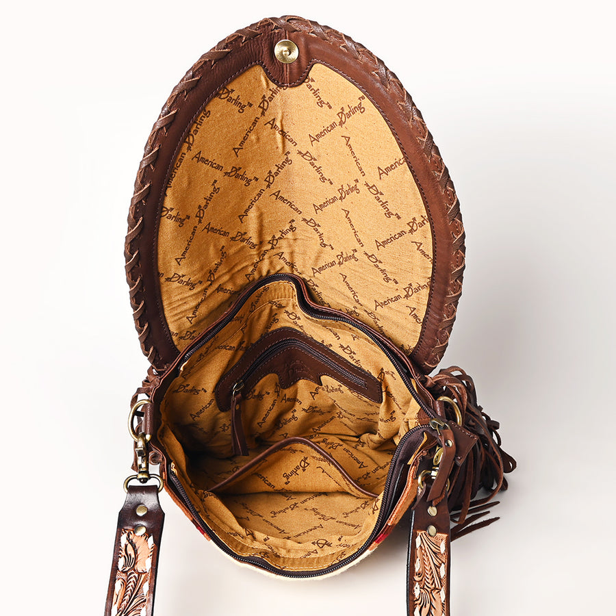 American Darling Western Leather Cross body Bag - Full Grain Leather Hand Woven Saddle Blanket Hand Tooled Floral Purse