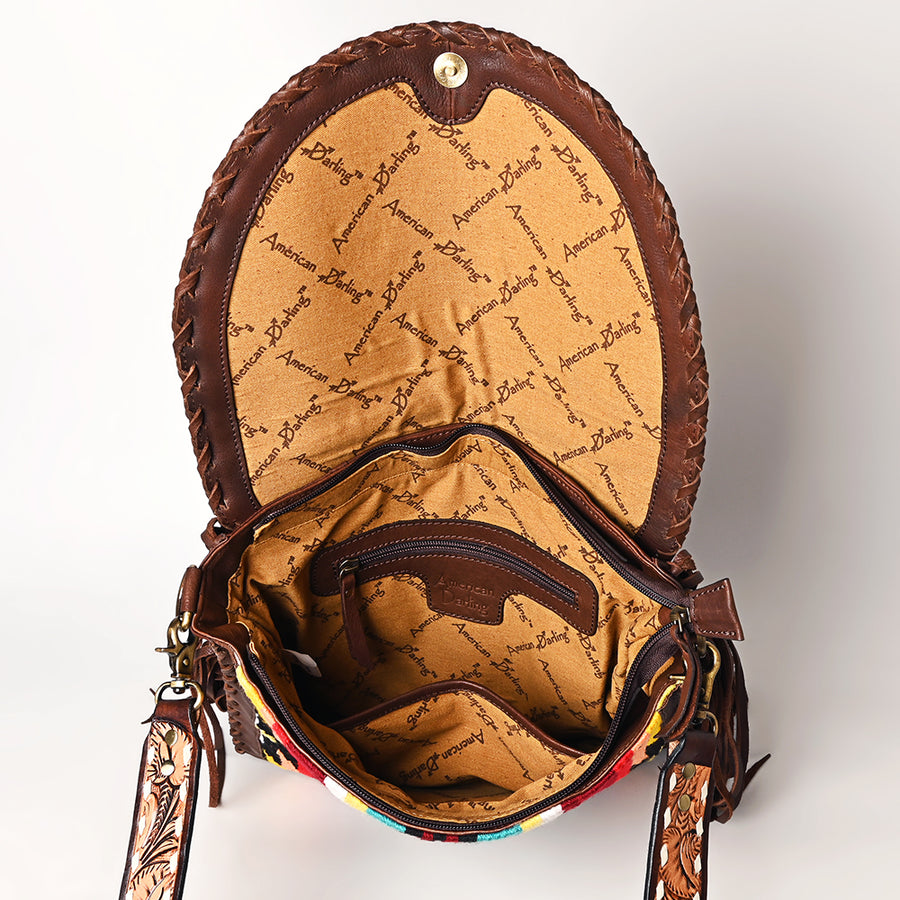 American Darling Western Leather Cross body Bag - Full Grain Leather Hand Woven Saddle Blanket Hand Tooled Floral Purse