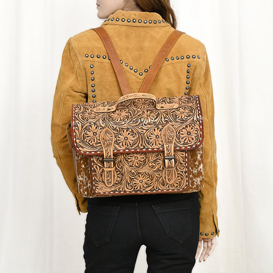 American Darling Western Leather Backpack Bag – Hand-Tooled Floral Carving, Genuine Leather, Hair-On Cowhide, Everyday Travel Pack