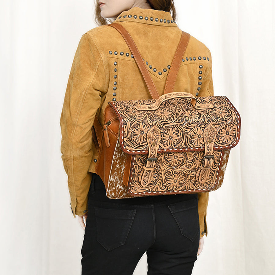 American Darling Western Leather Backpack Bag – Hand-Tooled Floral Carving, Genuine Leather, Hair-On Cowhide, Everyday Travel Pack