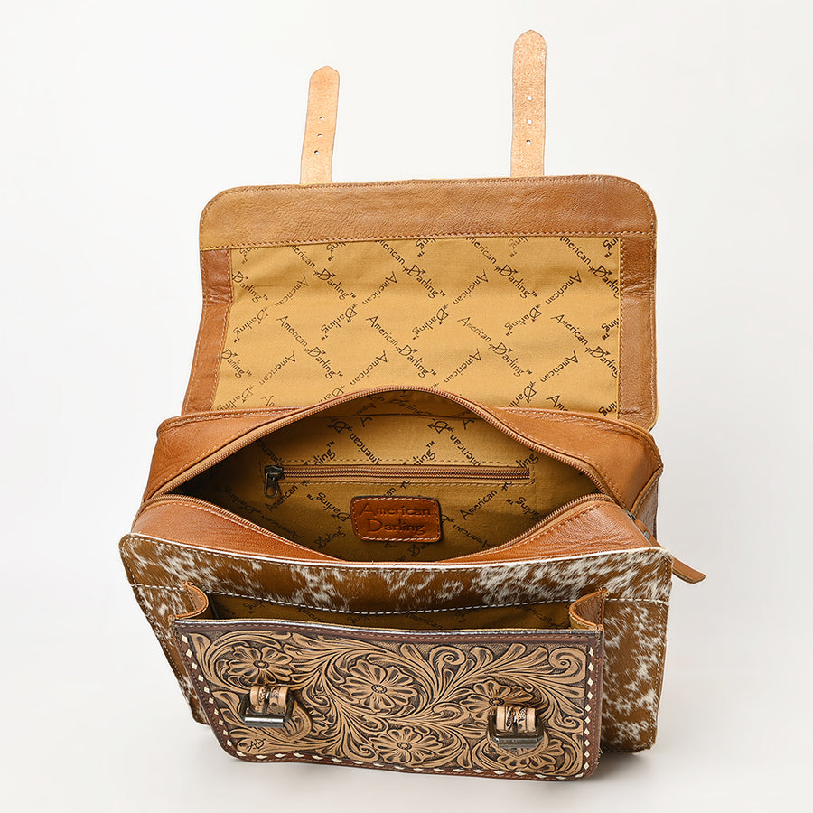 American Darling Western Leather Backpack Bag – Hand-Tooled Floral Carving, Genuine Leather, Hair-On Cowhide, Everyday Travel Pack