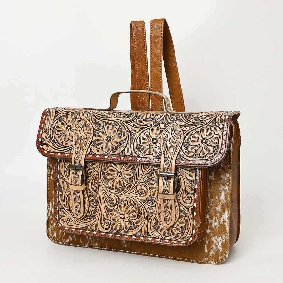 American Darling Western Leather Hand-Tooled Backpack Bag with Genuine Leather and Cowhide Detail - Uhorse