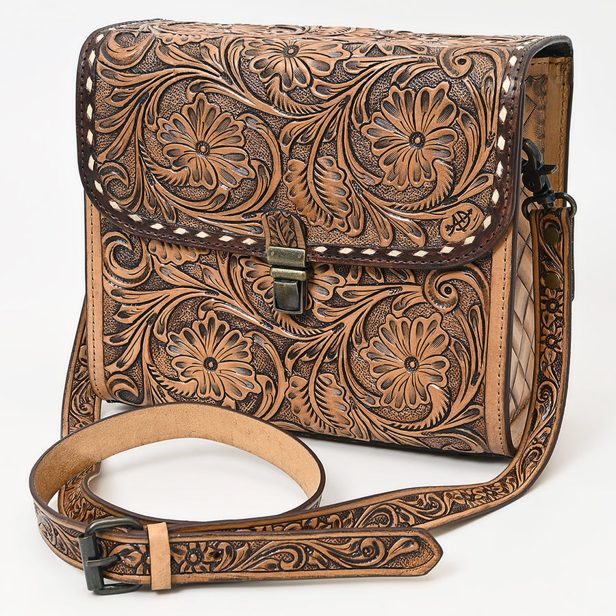 American Darling Handcrafted Western Leather Messenger Bag with Floral Tooling - Genuine Leather Crossbody - Uhorse