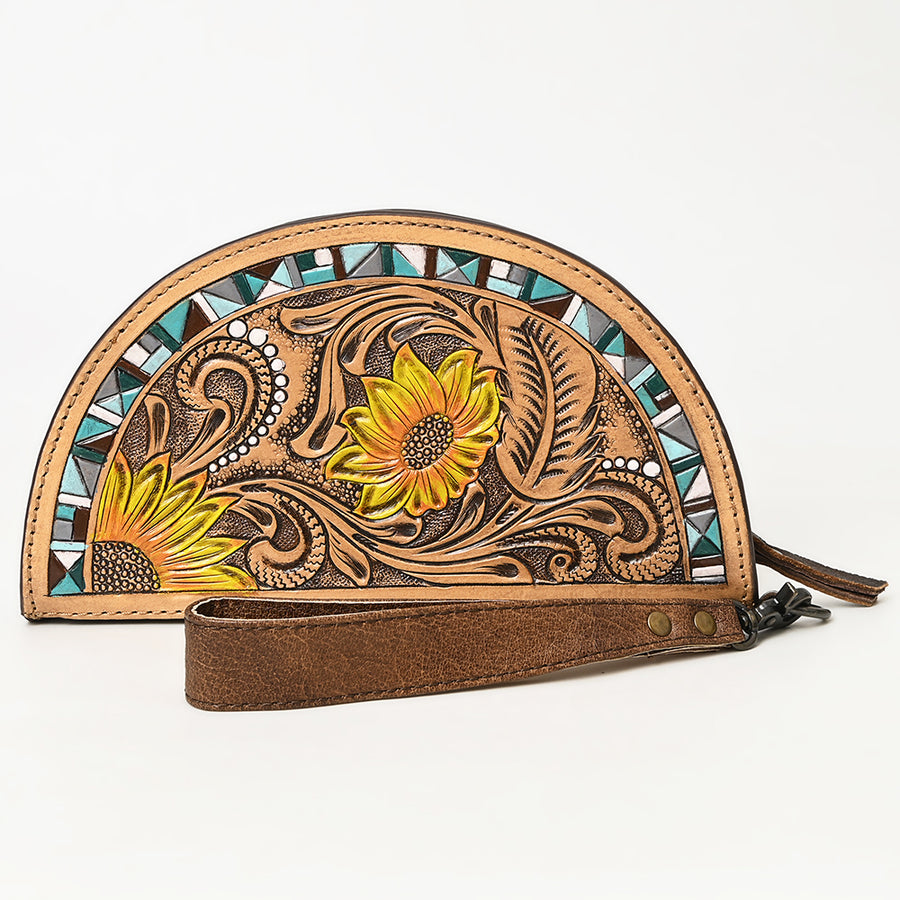American Darling Hand-Tooled Genuine Leather Taco Bag – Floral Carved Western Wristlet with Secure Storage – Premium Artisan Craftsmanship