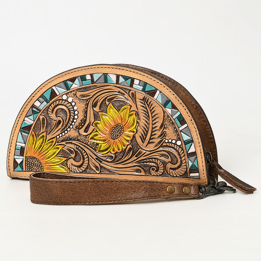 American Darling Hand-Tooled Genuine Leather Western Taco Bag | Floral Carved Artisan Wristlet - Uhorse
