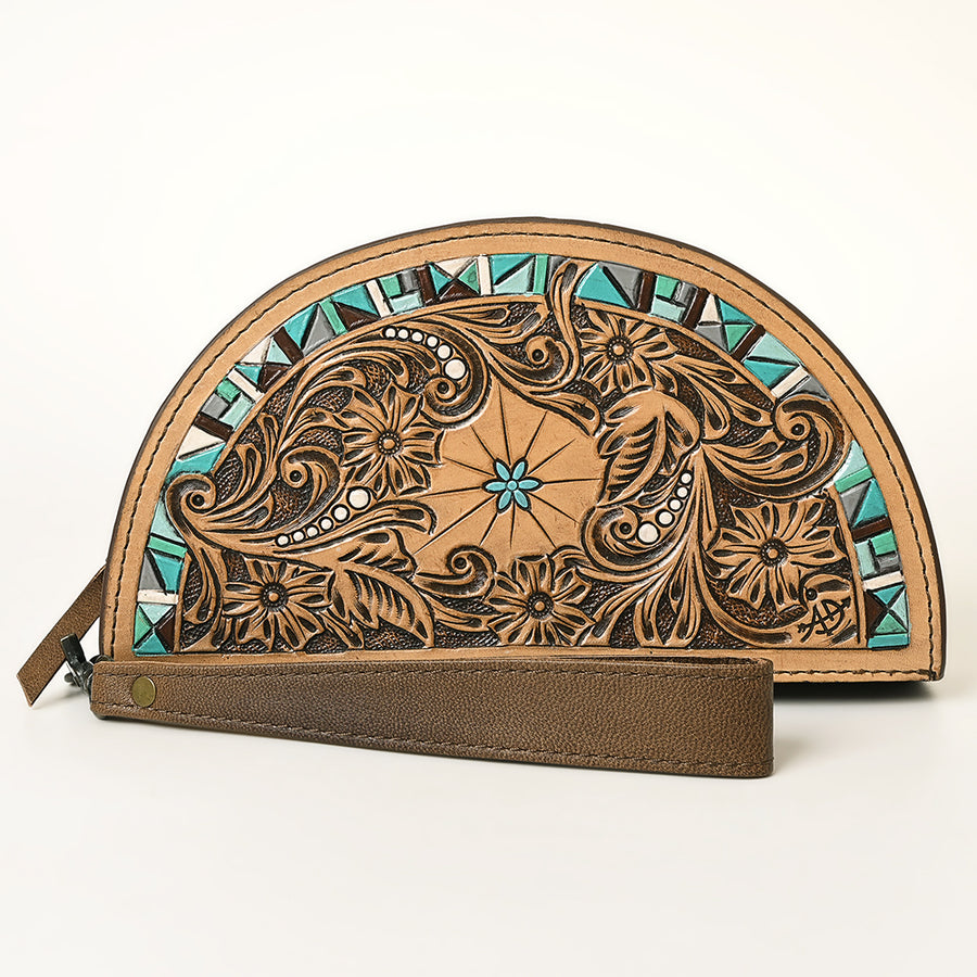 American Darling Hand-Tooled Genuine Leather Taco Bag – Floral Carved Western Wristlet with Secure Storage – Premium Artisan Craftsmanship