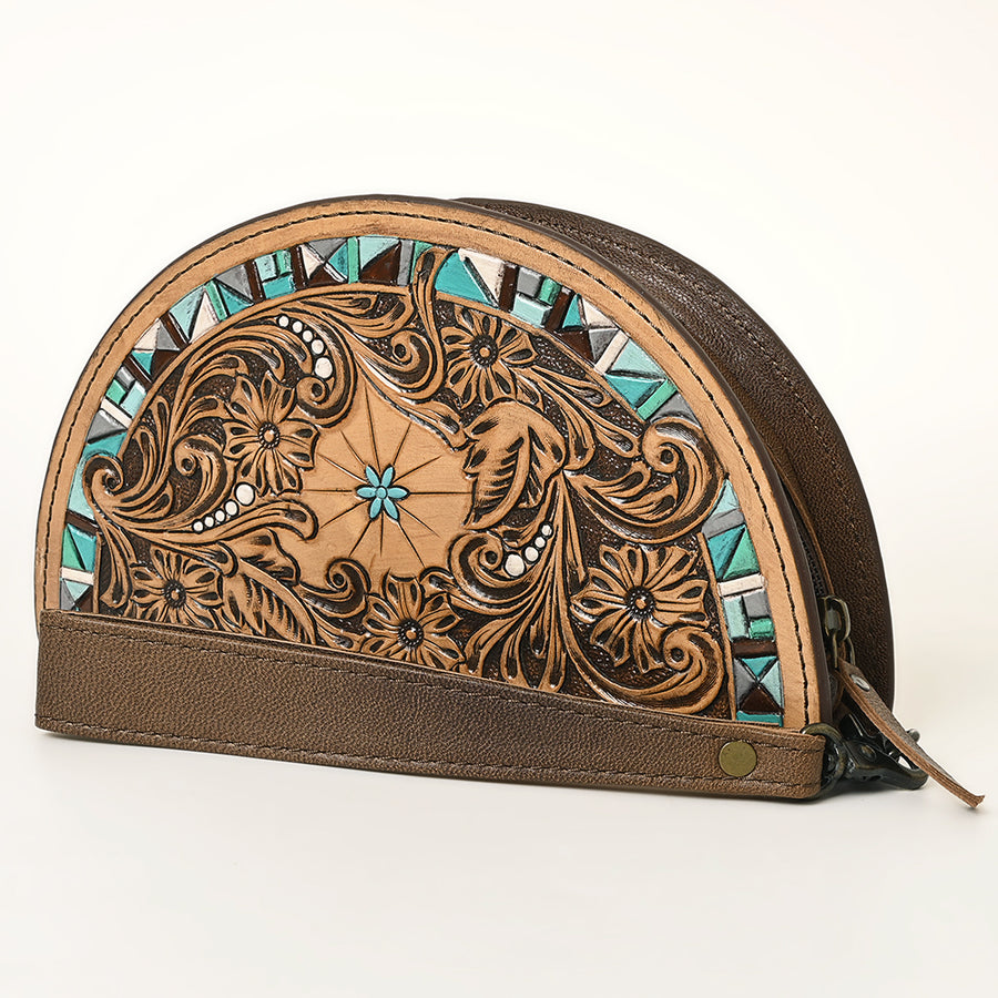 American Darling Hand-Tooled Genuine Leather Western Taco Bag | Floral Carved Artisan Wristlet - Uhorse
