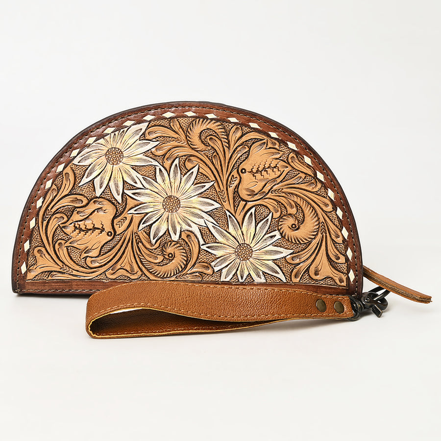 American Darling Hand-Tooled Genuine Leather Taco Bag – Floral Carved Western Wristlet with Secure Storage – Premium Artisan Craftsmanship