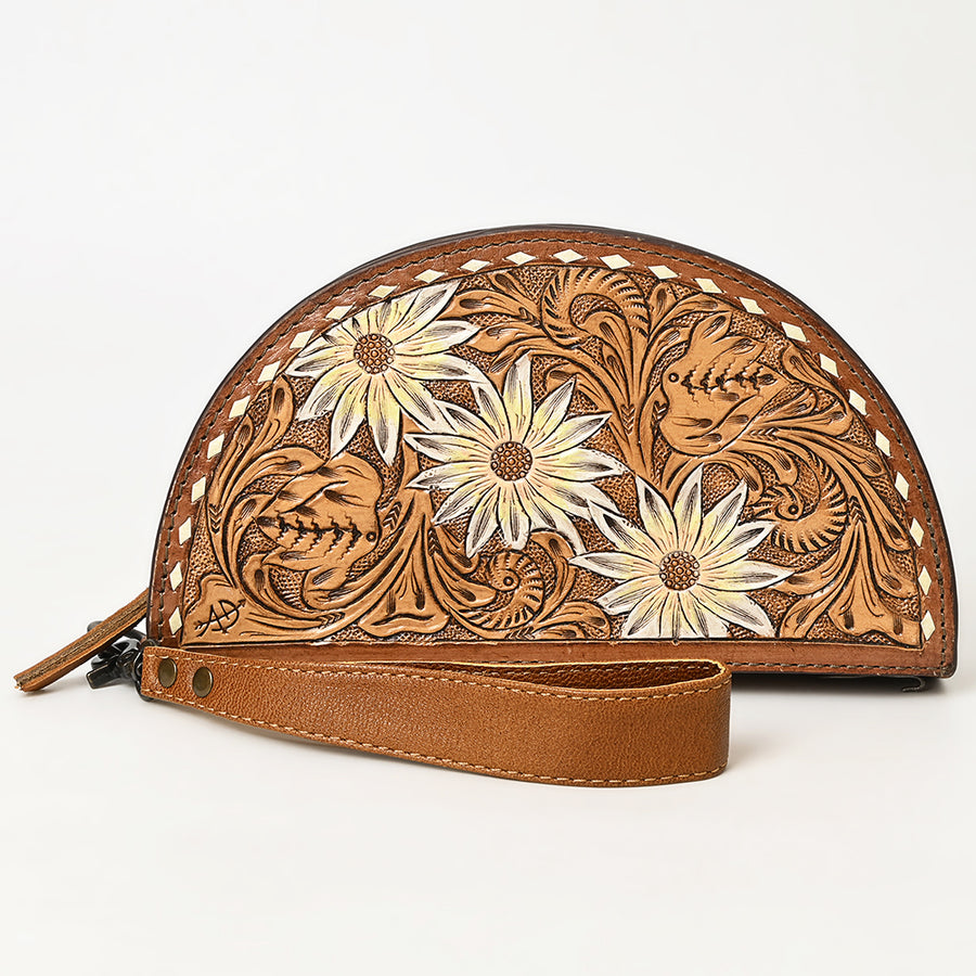 American Darling Hand-Tooled Genuine Leather Taco Bag – Floral Carved Western Wristlet with Secure Storage – Premium Artisan Craftsmanship