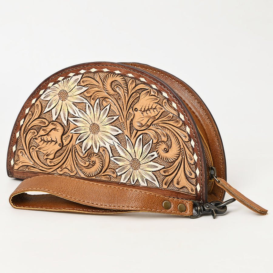 American Darling Hand-Tooled Genuine Leather Western Taco Bag | Floral Carved Artisan Wristlet - Uhorse