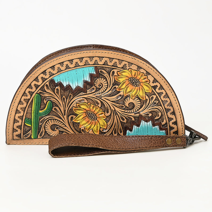 American Darling Hand-Tooled Genuine Leather Taco Bag – Floral Carved Western Wristlet with Secure Storage – Premium Artisan Craftsmanship