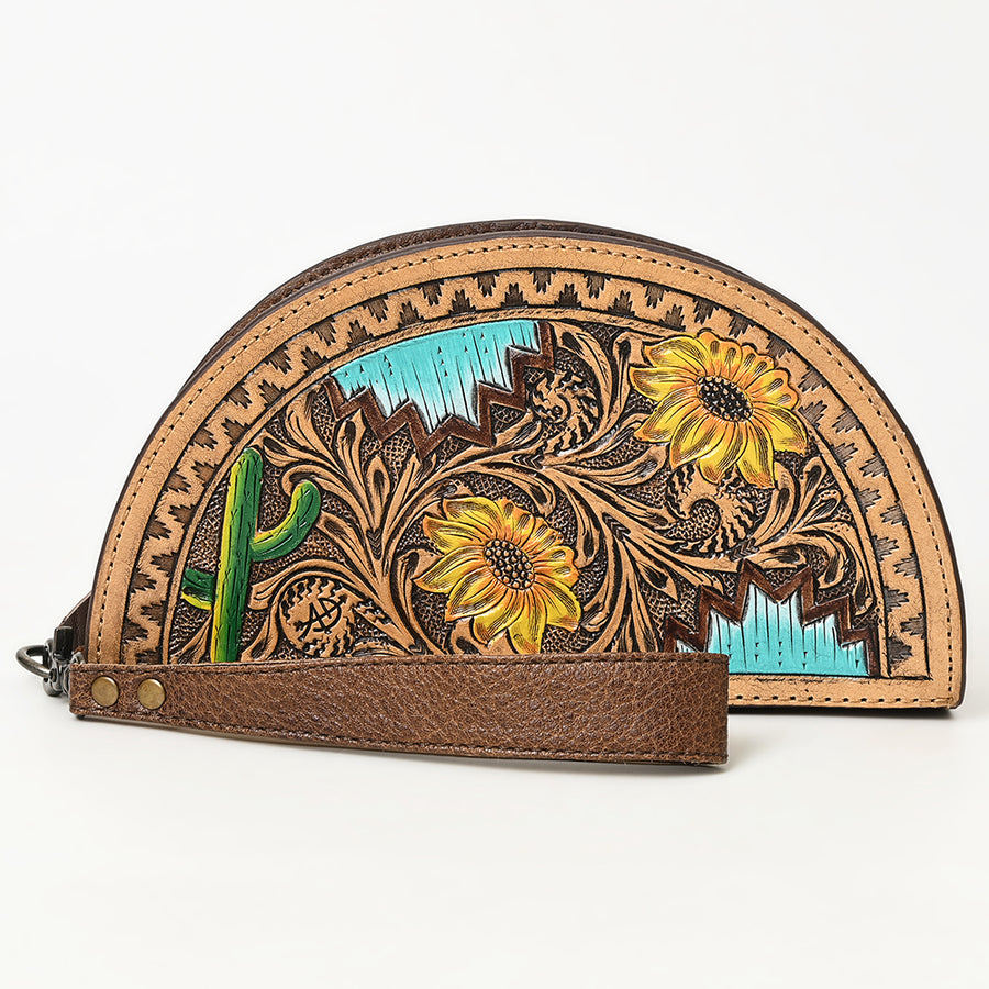 American Darling Hand-Tooled Genuine Leather Taco Bag – Floral Carved Western Wristlet with Secure Storage – Premium Artisan Craftsmanship
