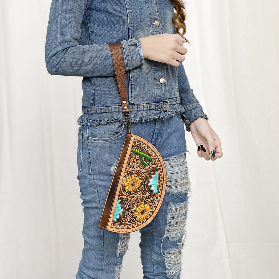 American Darling Hand-Tooled Genuine Leather Taco Bag – Floral Carved Western Wristlet with Secure Storage – Premium Artisan Craftsmanship