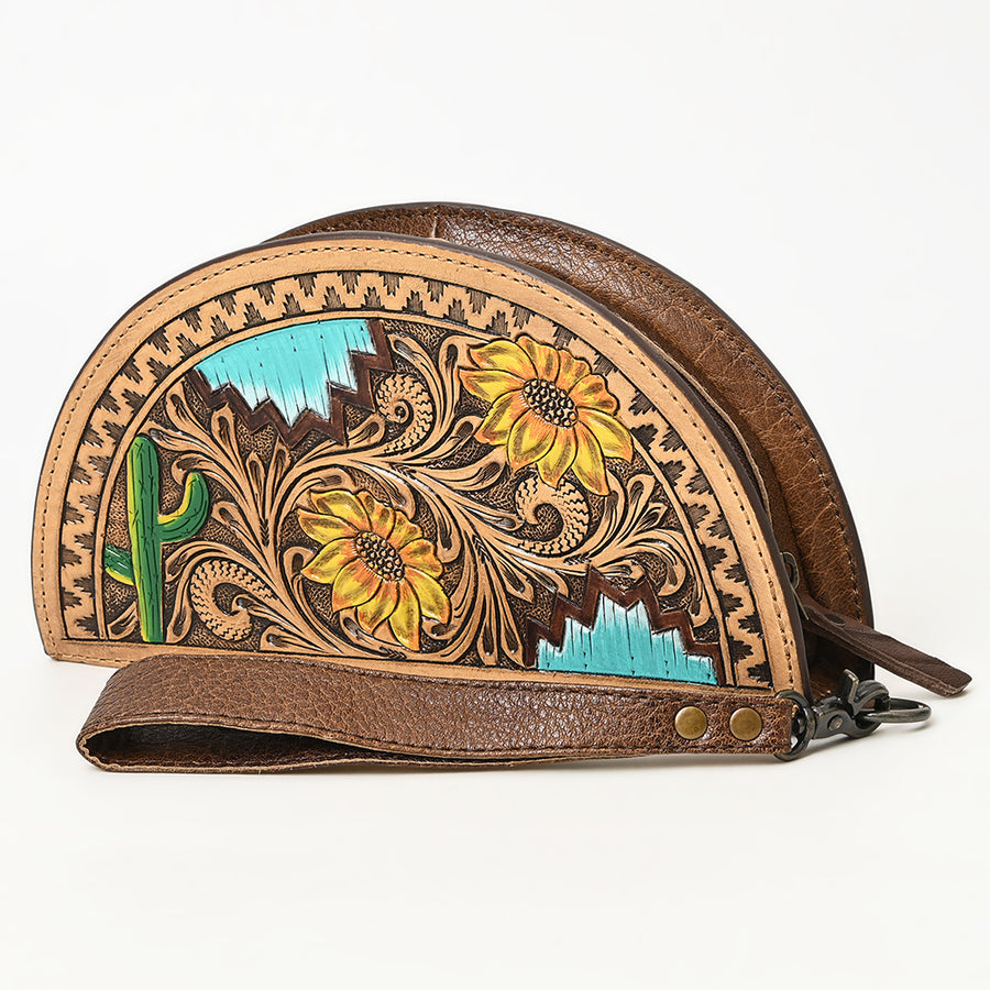 American Darling Hand-Tooled Genuine Leather Western Taco Bag | Floral Carved Artisan Wristlet - Uhorse