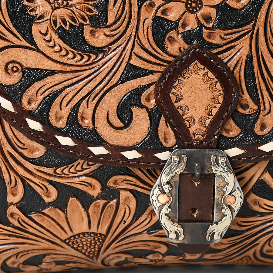 American Darling Western Leather Messenger Bag - Eco-Friendly Vegetable Tanned Full Grain Leather Hand Tooled Floral Carved Purse