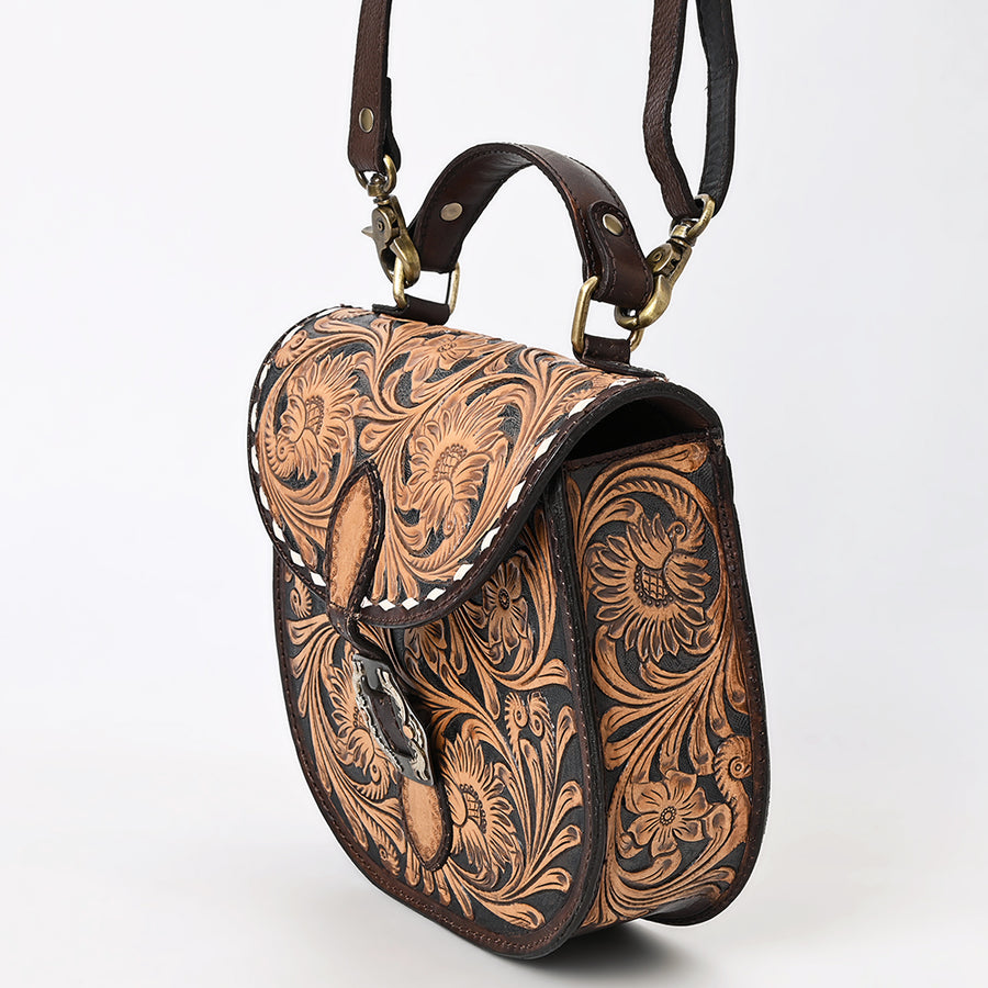 American Darling Western Leather Small Cross body Bag - Eco-Friendly Vegetable Tanned Full Grain Leather Hand Tooled Floral Carved Purse
