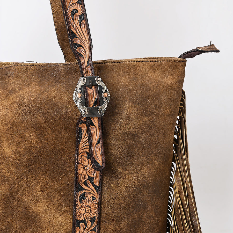 American Darling Western Leather Cross body Bag - Eco-Friendly Vegetable Tanned Full Grain Leather Hand Tooled Floral Carved Fringe Purse