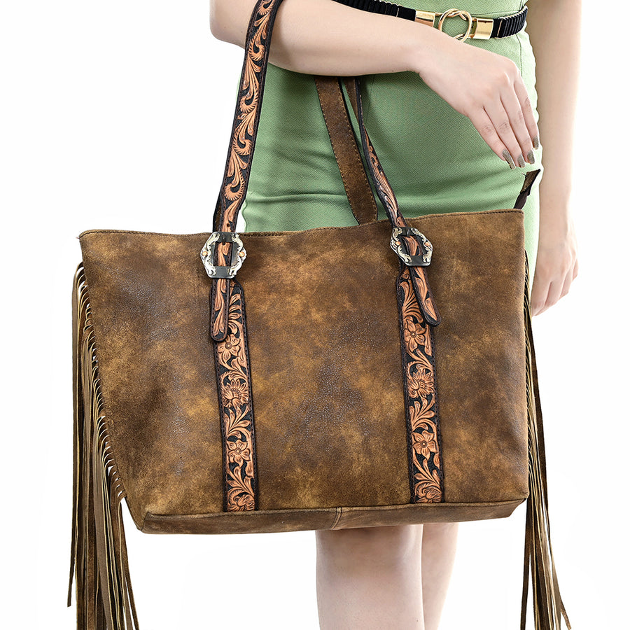 American Darling Western Leather Cross body Bag - Eco-Friendly Vegetable Tanned Full Grain Leather Hand Tooled Floral Carved Fringe Purse