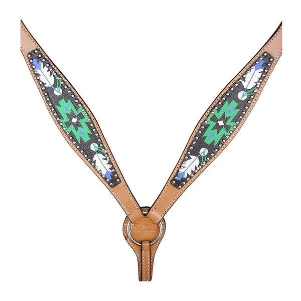 HILASON Western Horse Leather Headstall and Breast Collar Tack Set Geometry Feather - Uhorse