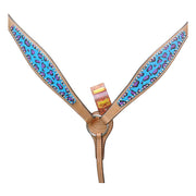 HILASON Western Horse Leather Headstall & Breast Collar Set Turquoise Cheetah